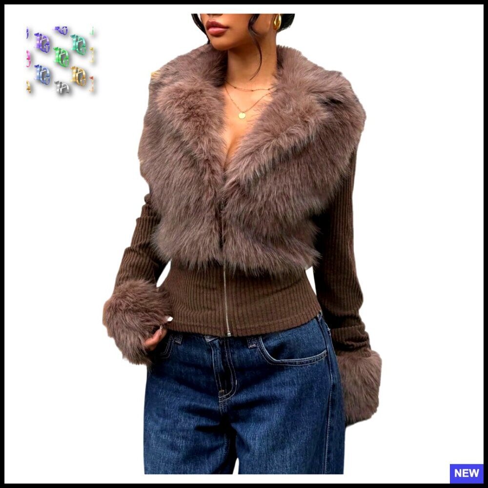 Faux Fur Zip Up Jacket Slim Fit Fuzzy Collared Outerwear Winter Coat Chic